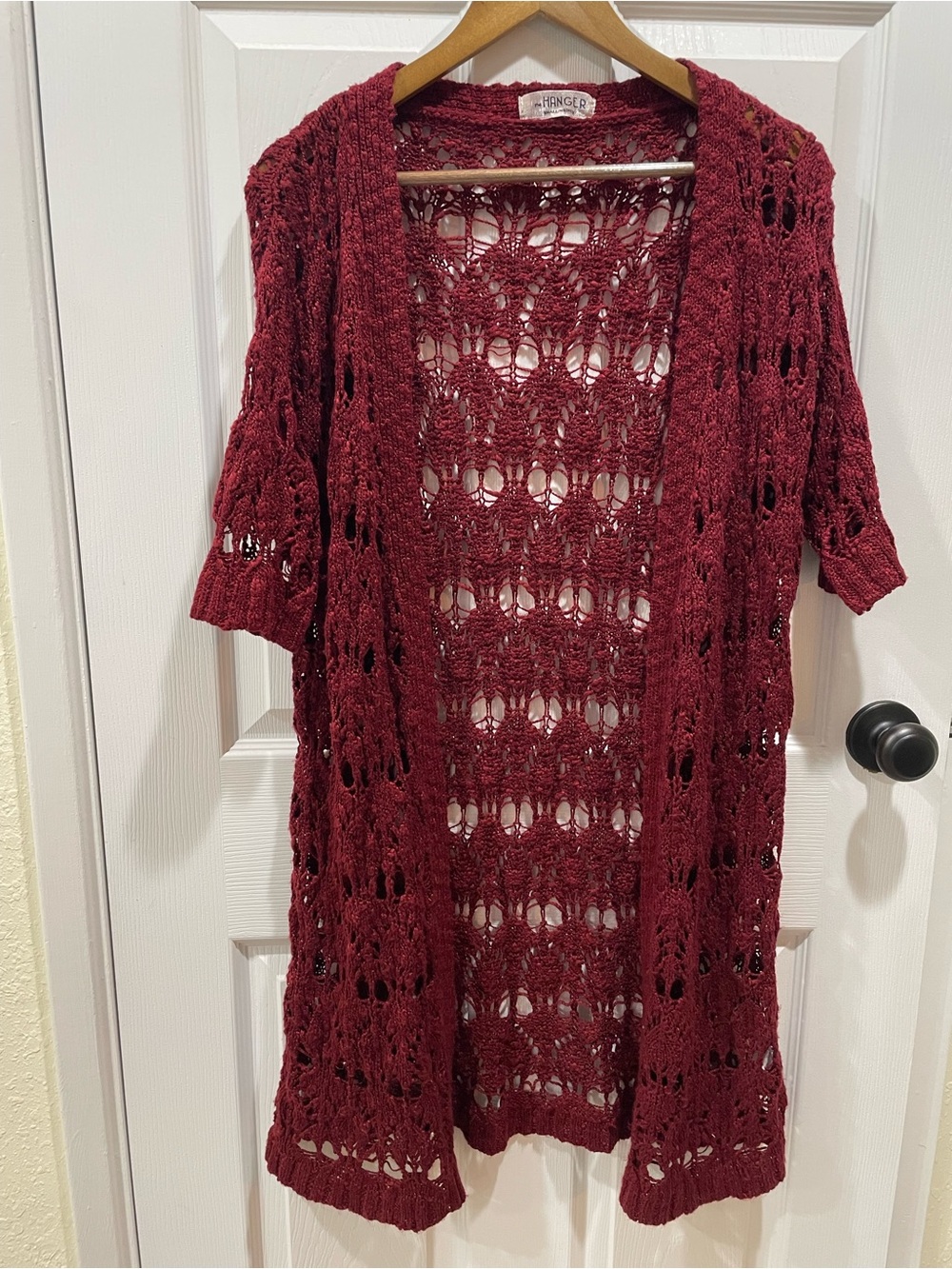 Burgundy Crochet Open Front Duster Cardigan Sweater S M